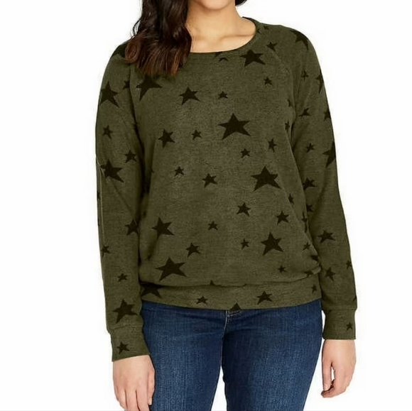 Buffalo David Bitton Womens L Army Green Star Print Cozy Raglan Long Sleeve Top - Picture 1 of 7